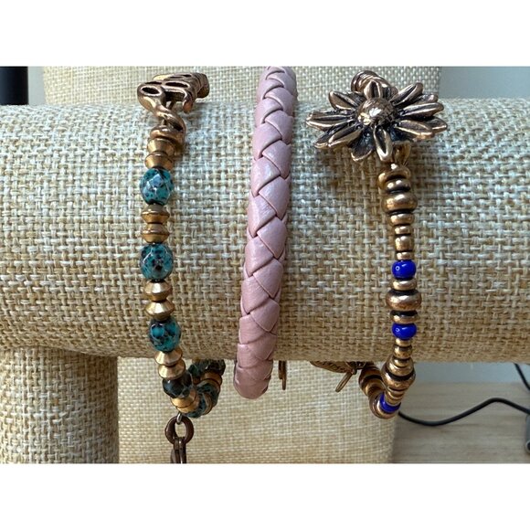 Alex & Ani Set Of 3 Memory Wire & Beaded Bracelets With Pink Braided Leather Tur - Picture 3 of 9